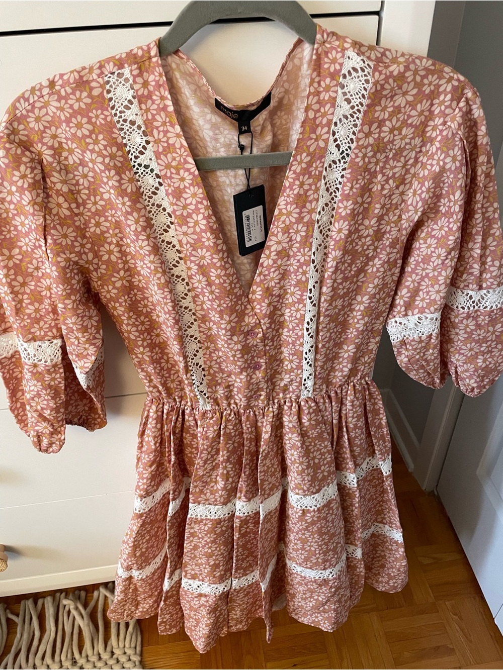 Maje - Printed dress with lace trim, Size 34